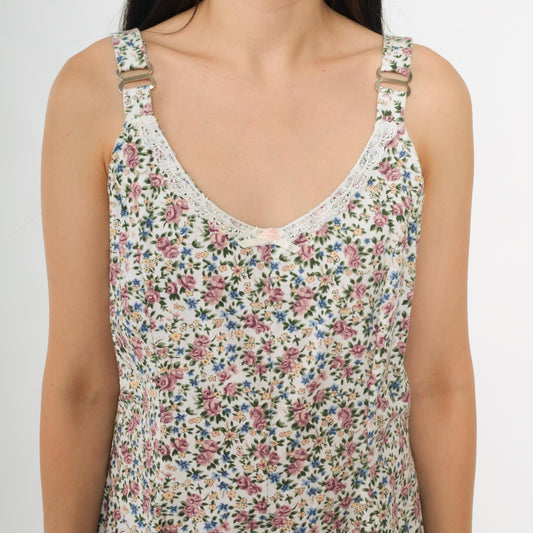 90s Stefano International White Floral Mini Romper Tank V-Neck Lace Trim Medium