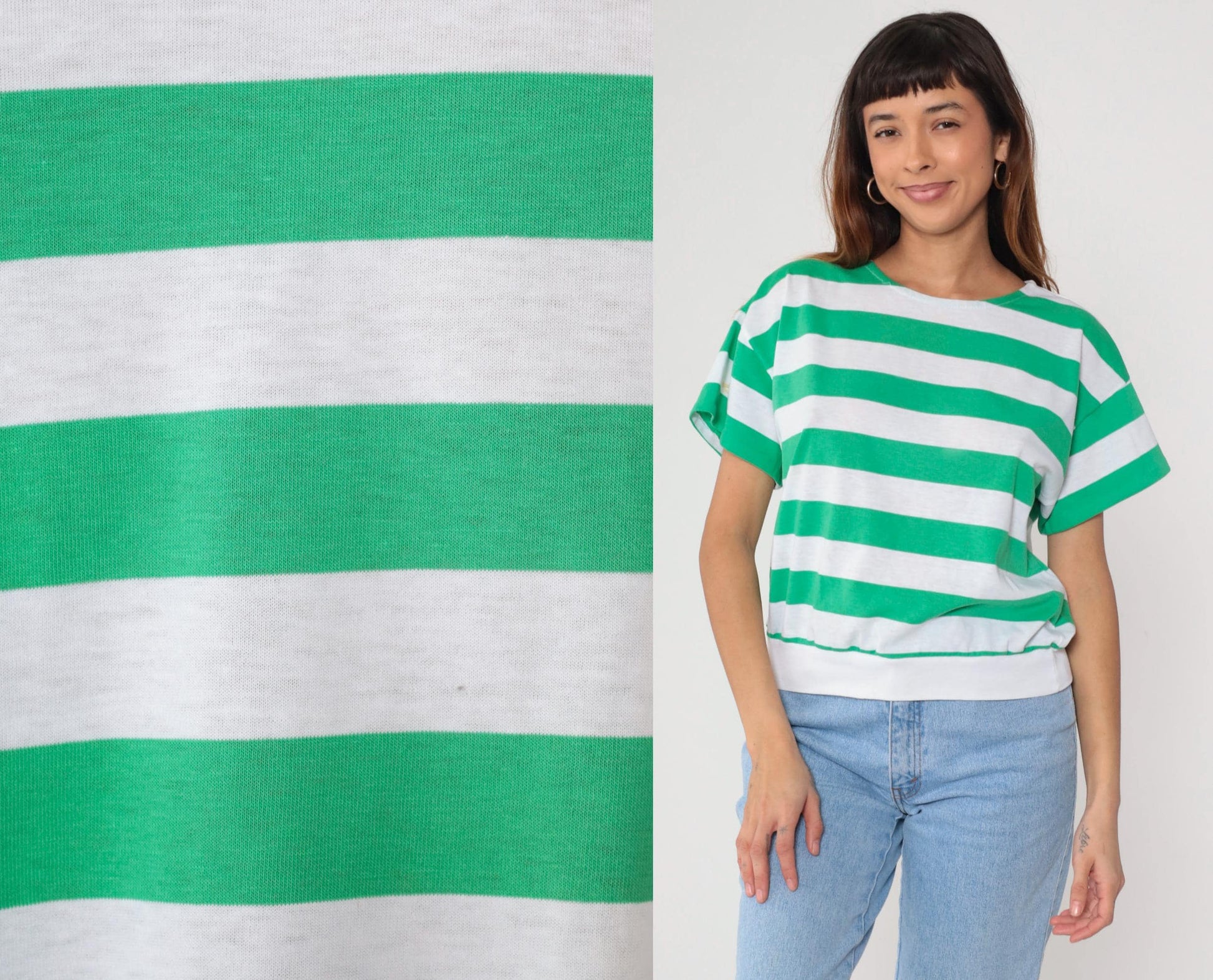 80s Striped T-Shirt White Green Crew Neck Short Sleeve Cotton Medium