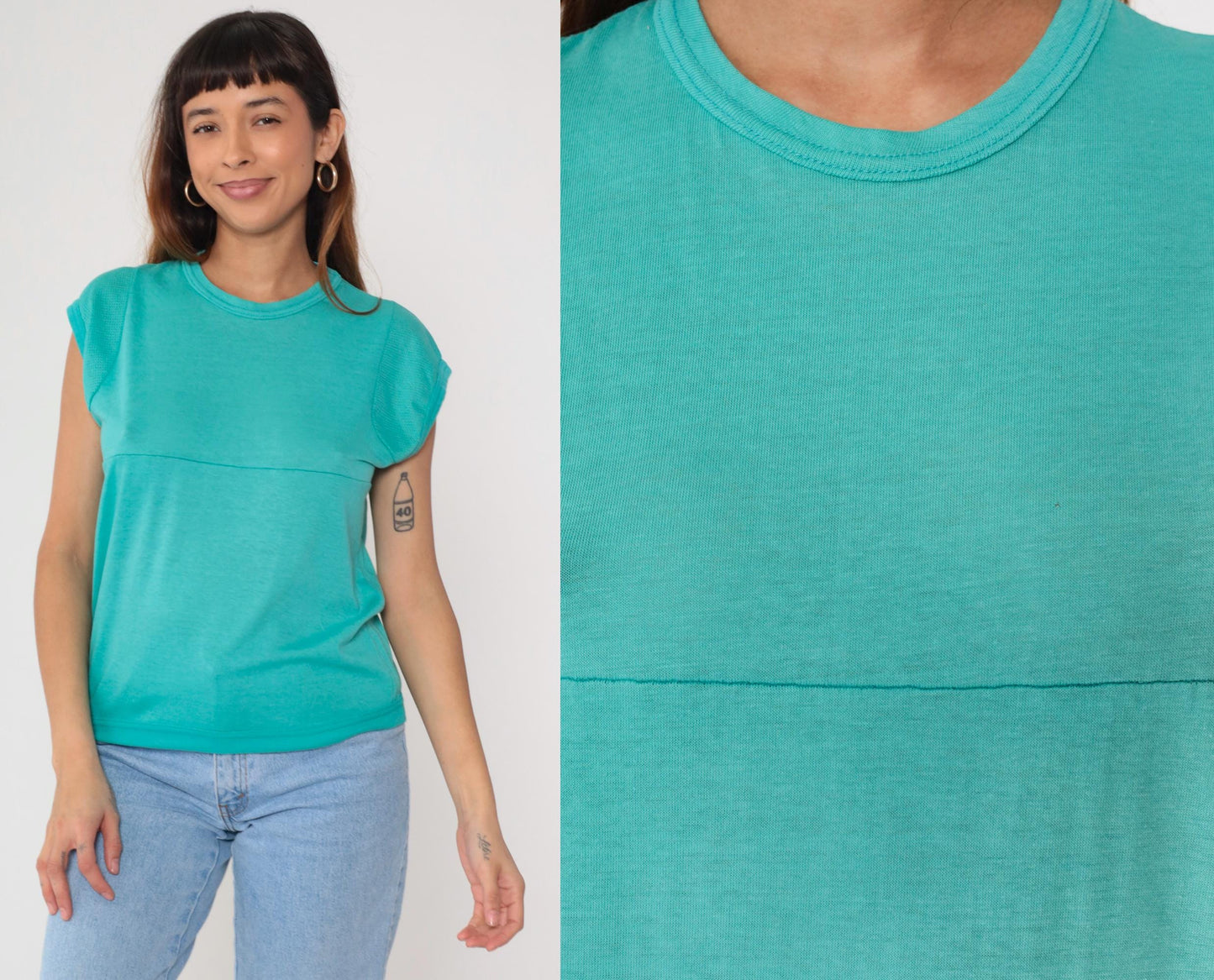 80s Turquoise Athletic Tank Top Mesh Panels Crew Neck Small Medium