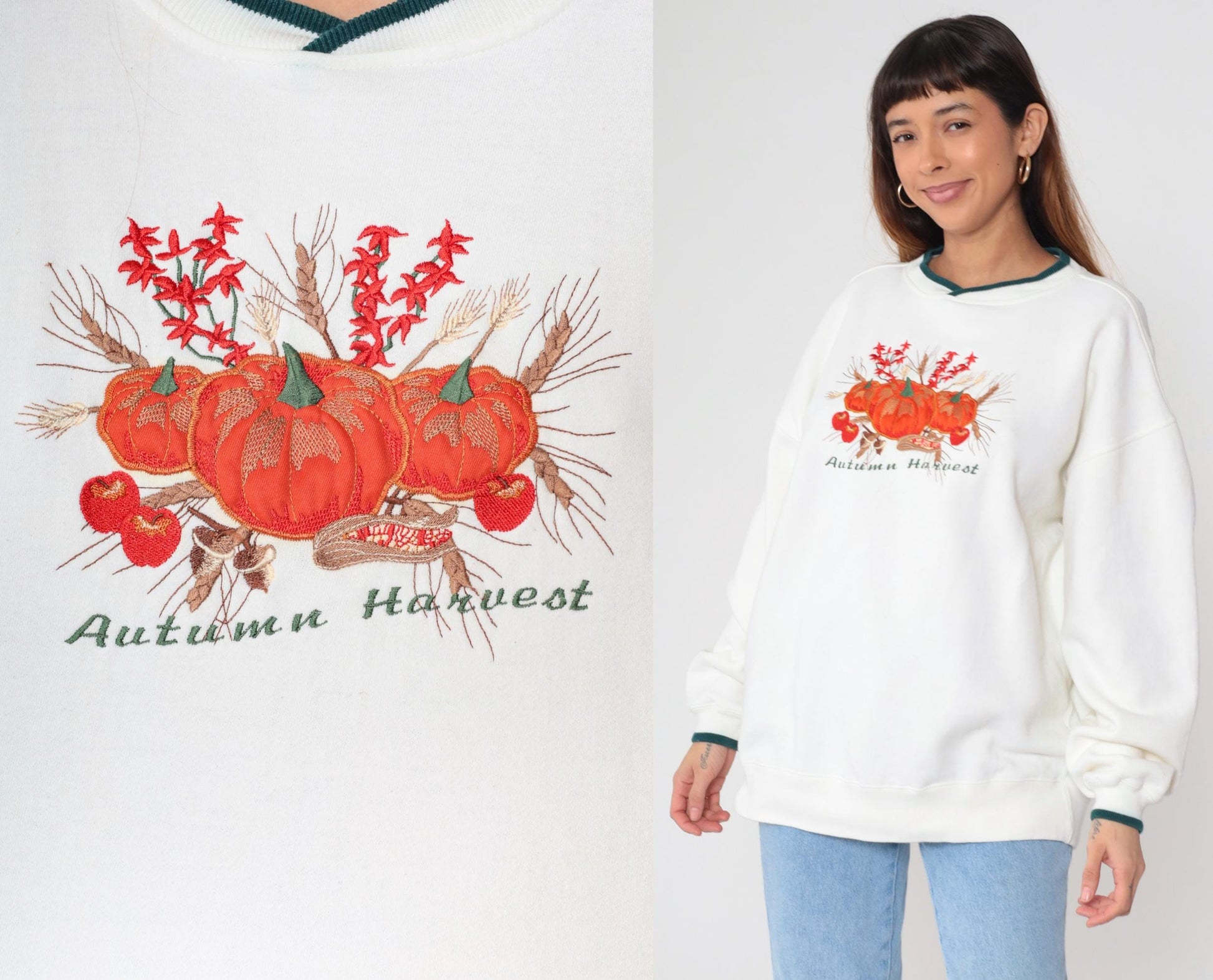 Y2K Autumn Harvest Pumpkin Sweatshirt White Green Trim Crewneck Extra Large XXL