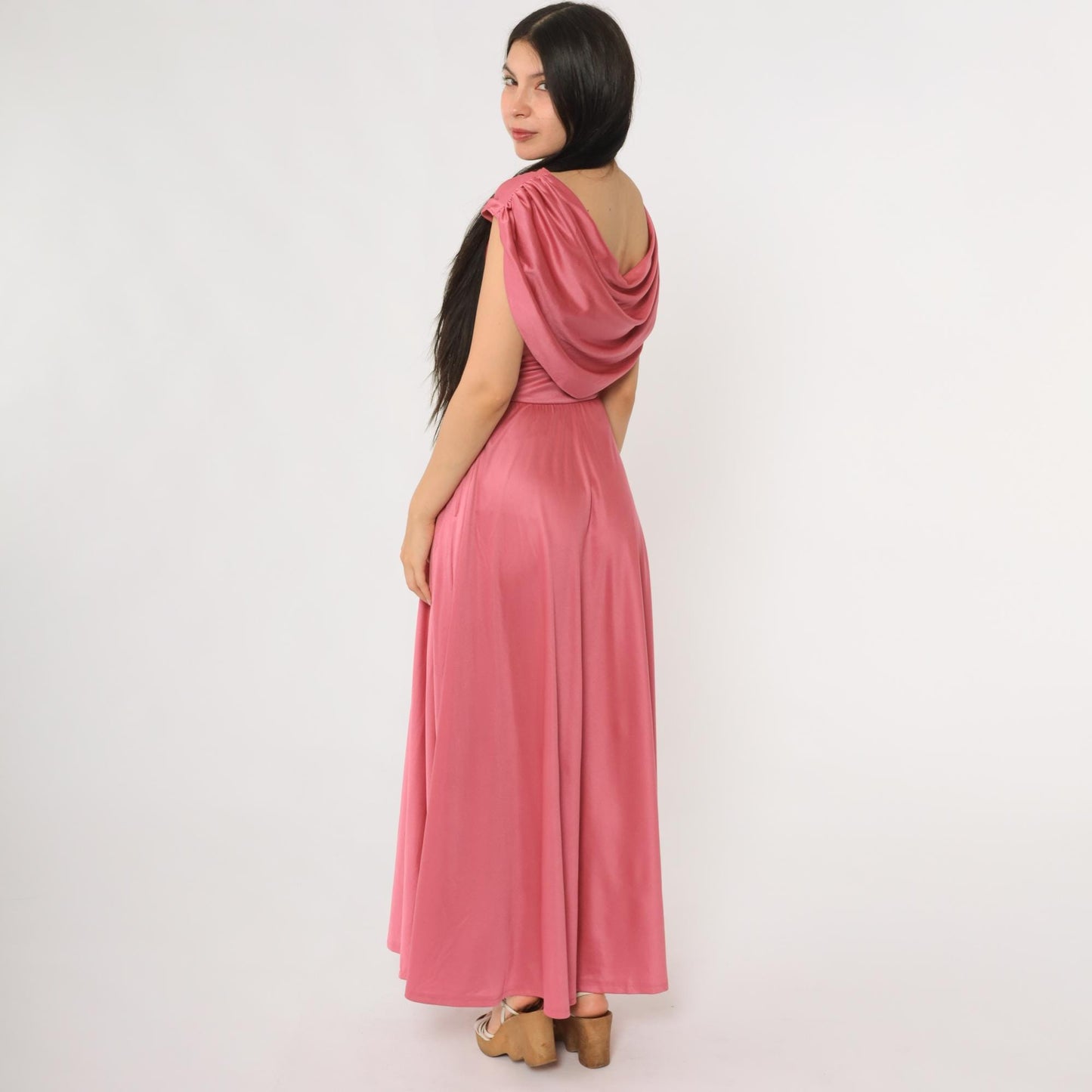 70s Coral Pink Maxi Dress Draped V-Neck Wrap Floor Length Extra Small XS