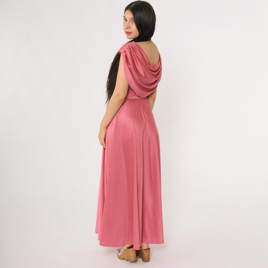70s Coral Pink Maxi Dress Draped V-Neck Wrap Floor Length Extra Small XS