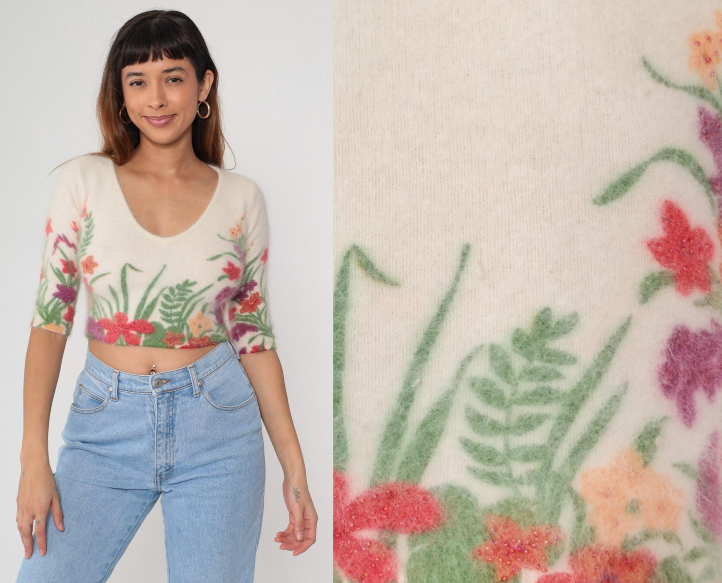 Y2K Cream Floral Crop Top Angora Embroidered V-Neck Extra Small XS