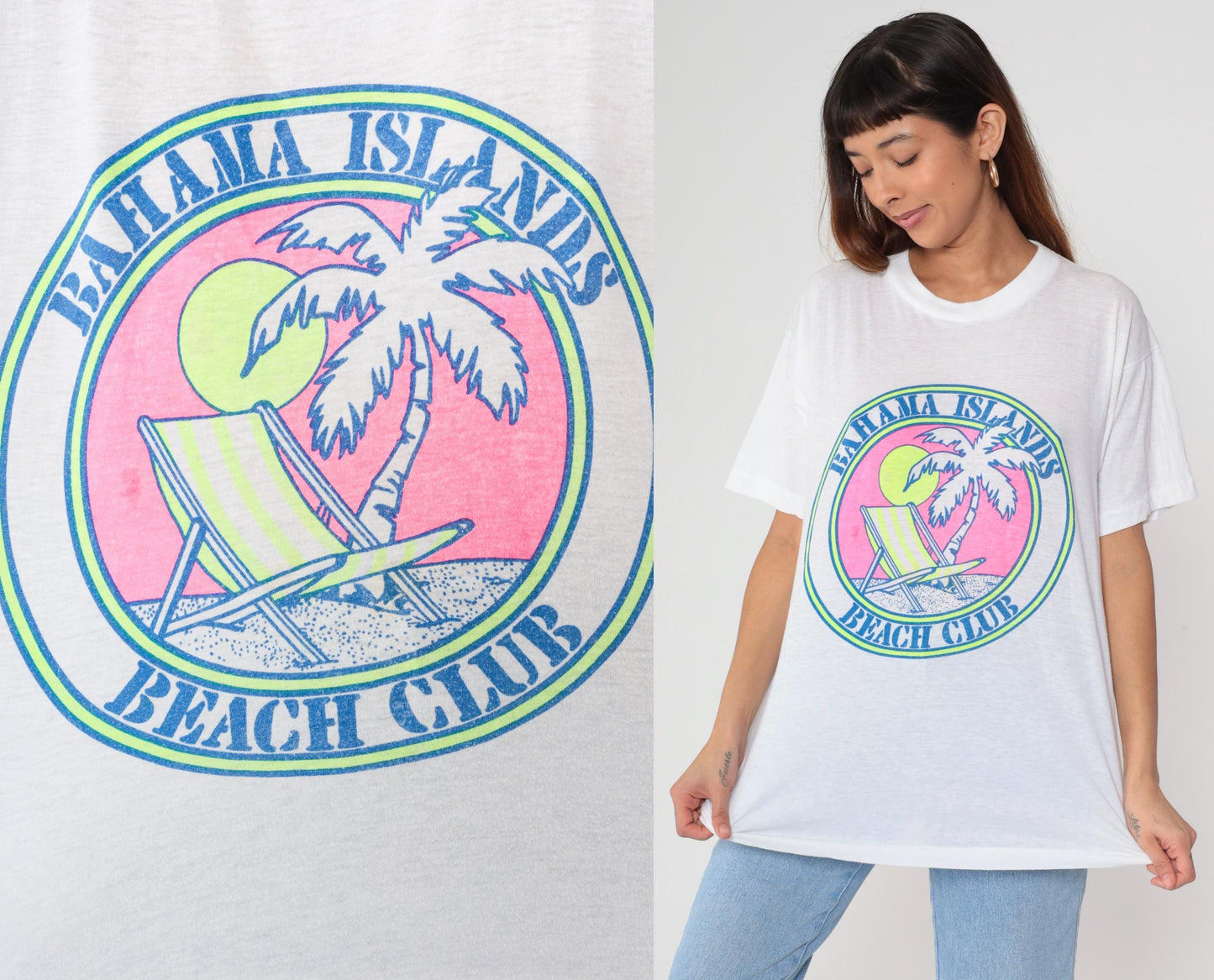 90s Bahama Islands Beach Club T-Shirt White Palm Tree Graphic Small