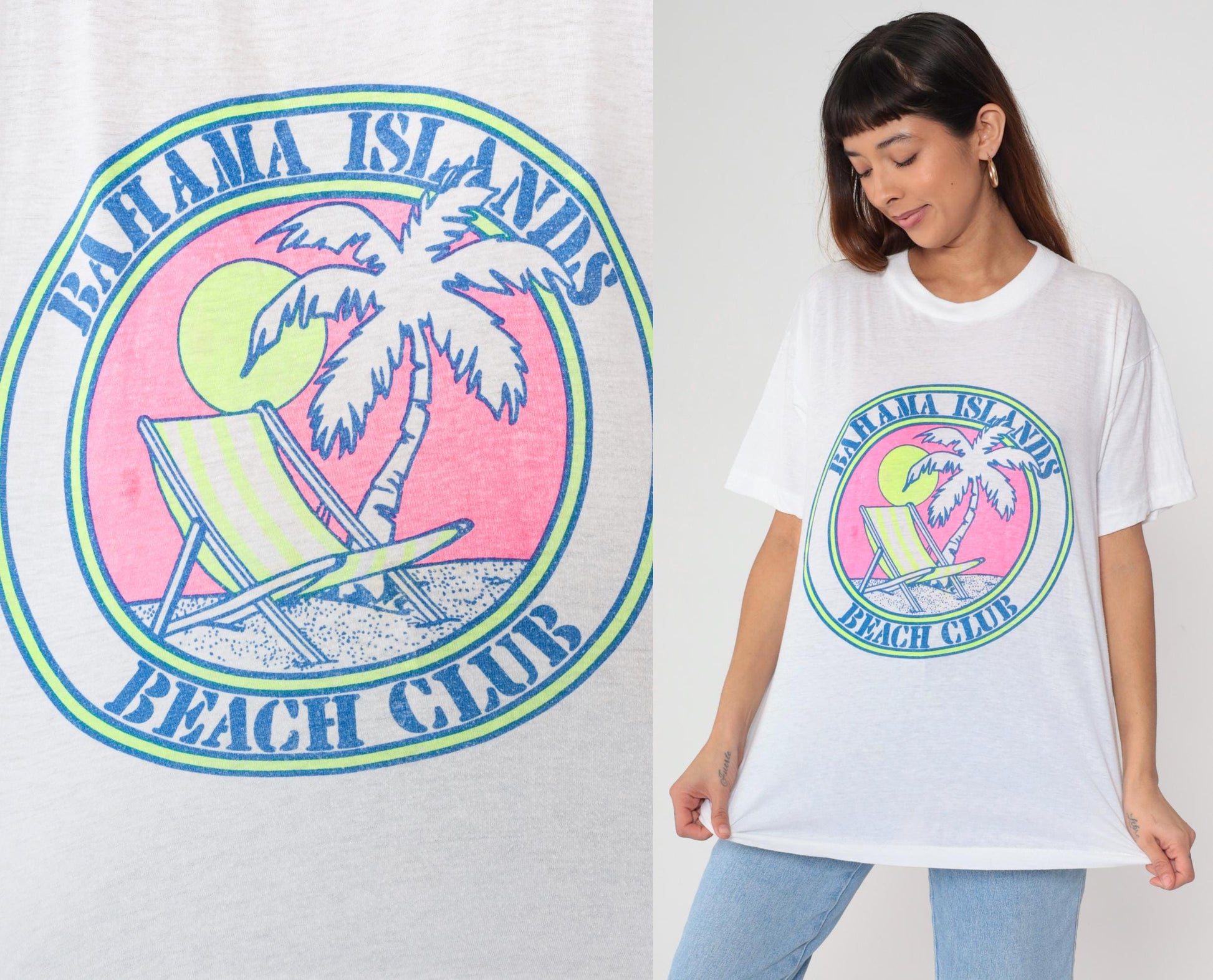 90s Bahama Islands Beach Club T-Shirt White Palm Tree Graphic Small