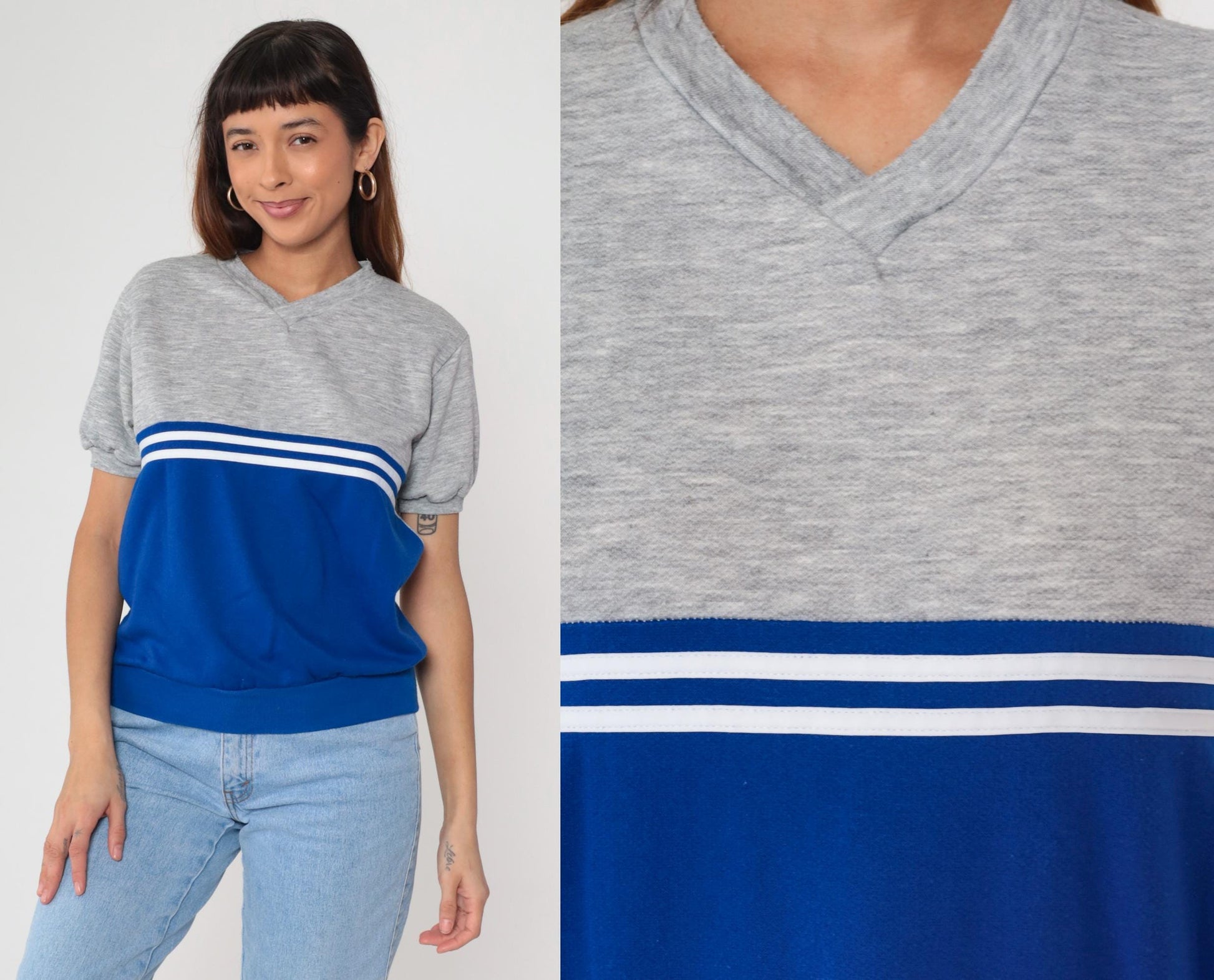 80s Colorblock Athletic V-Neck Shirt Grey Blue White Stripes Medium