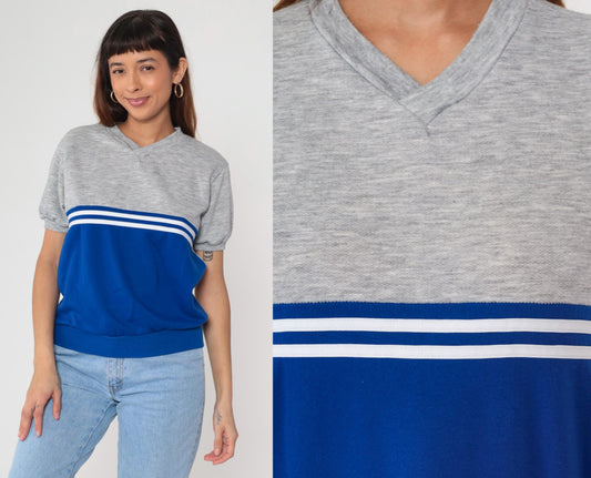 80s Colorblock Athletic V-Neck Shirt Grey Blue White Stripes Medium