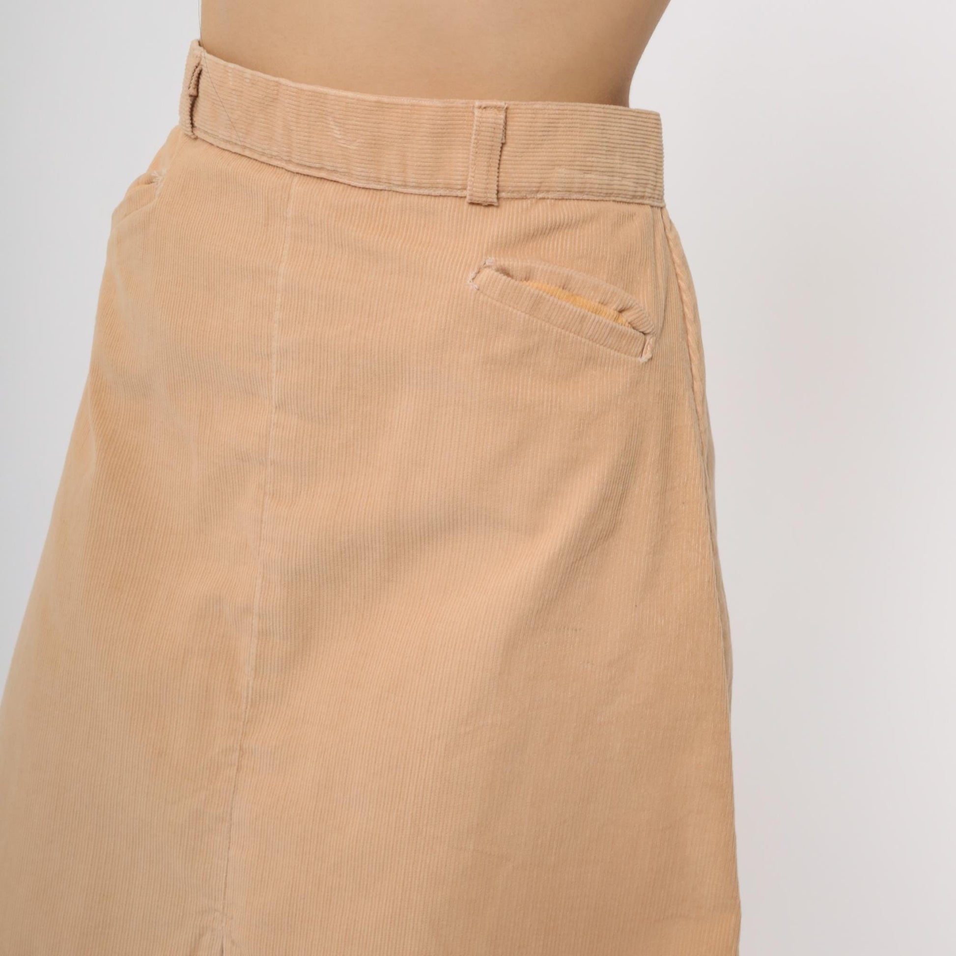 80s Tan Corduroy A-Line Skirt High Waisted Mini Front Slit Small S
