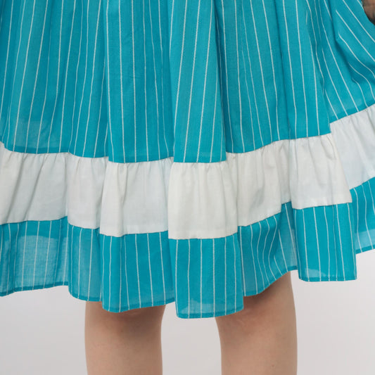 80s Kate Schorer Turquoise Striped Tiered Prairie Skirt Cotton Small