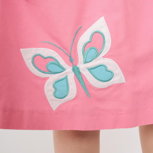 80s Hot Pink Butterfly Applique A-Line Midi Skirt Elastic Waist Large