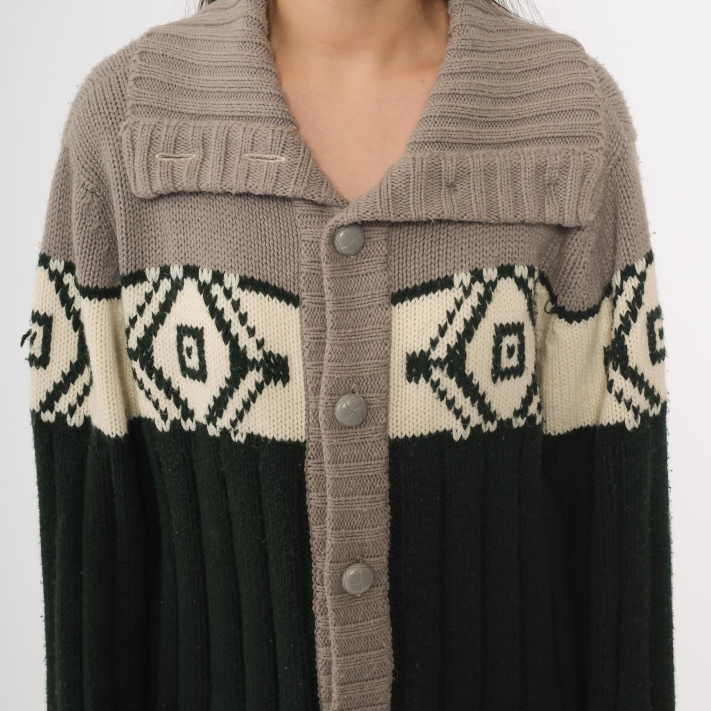 70s Sigallo Cardigan Sweater Taupe Green Diamond Shawl Collar Large L