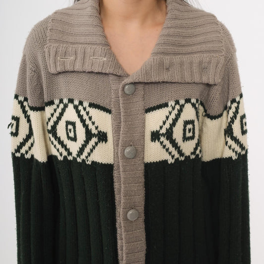 70s Sigallo Cardigan Sweater Taupe Green Diamond Shawl Collar Large L
