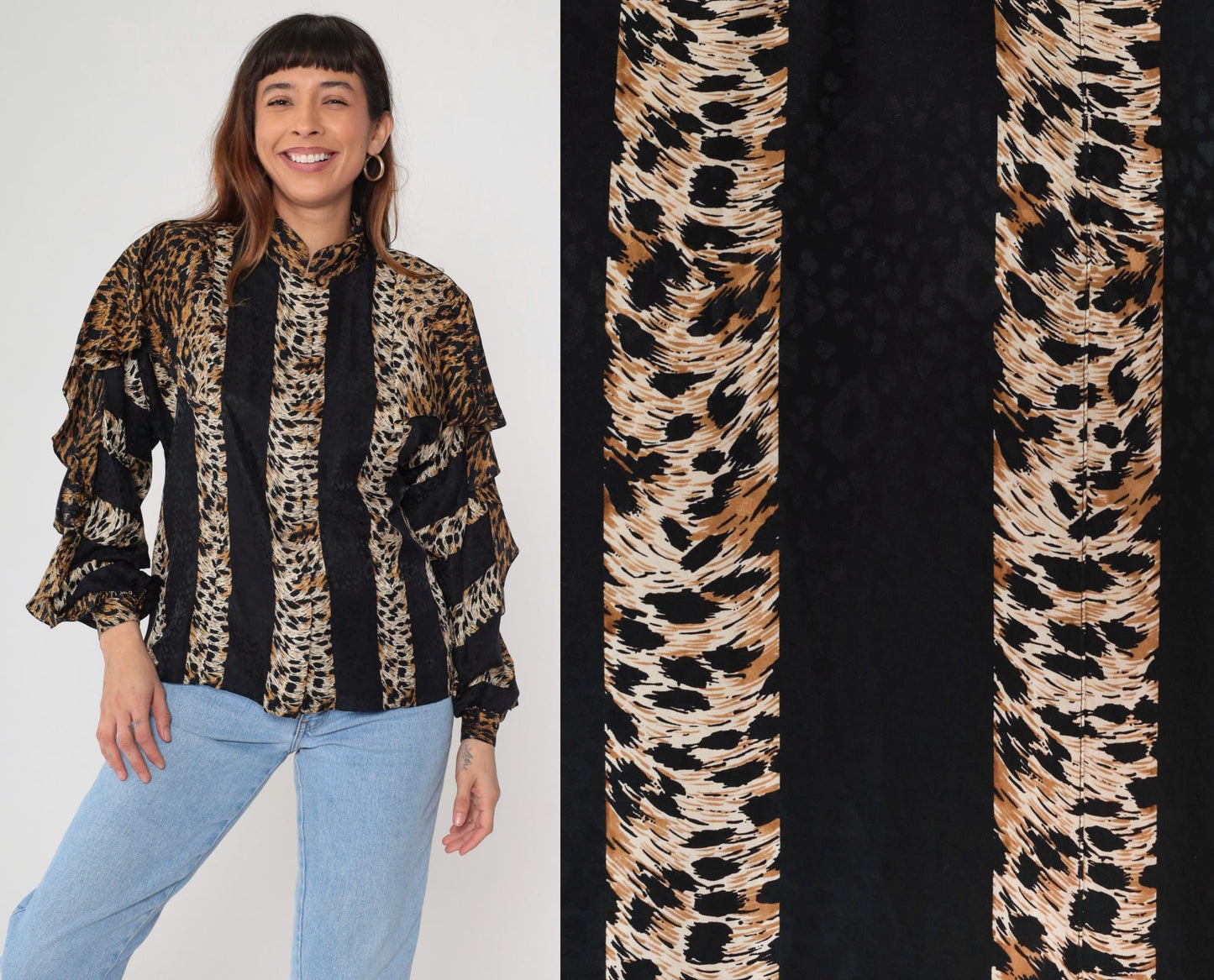90s Adrianna Papell Silk Blouse Leopard Stripe Ruffle Long Sleeve Medium