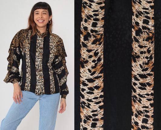 90s Adrianna Papell Silk Blouse Leopard Stripe Ruffle Long Sleeve Medium