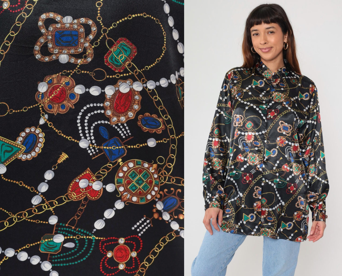 90s Baroque Gemstone Pearl Print Blouse Black Gold Chain Long Sleeve Large L