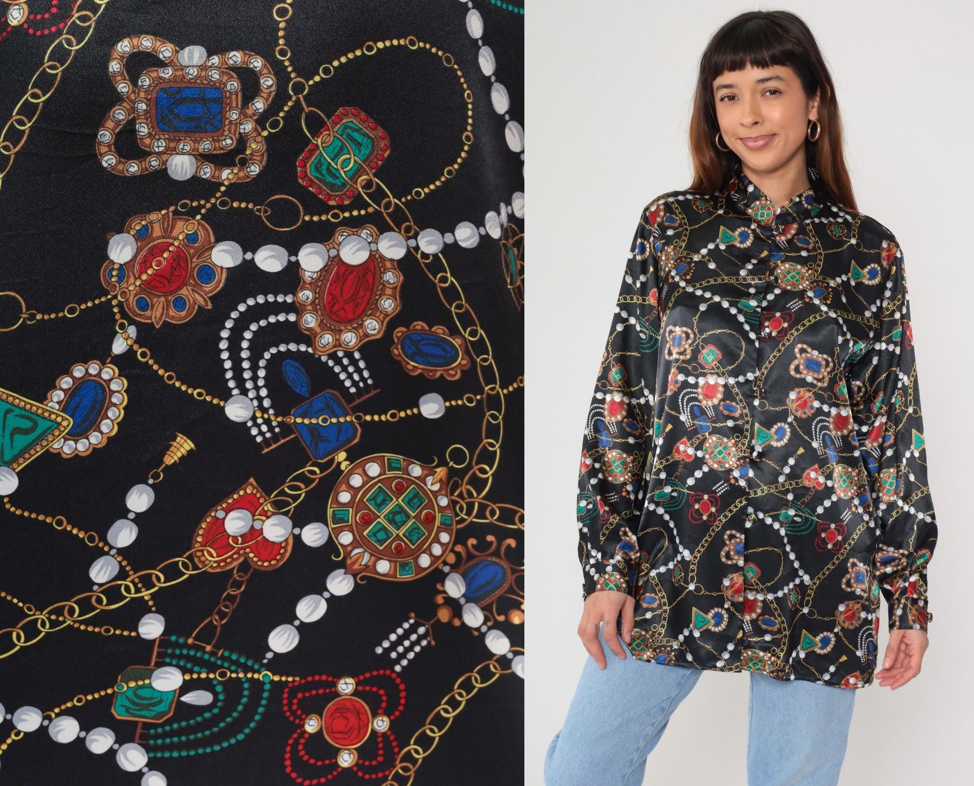 90s Baroque Gemstone Pearl Print Blouse Black Gold Chain Long Sleeve Large L