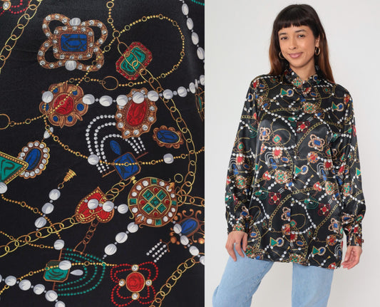 90s Baroque Gemstone Pearl Print Blouse Black Gold Chain Long Sleeve Large L