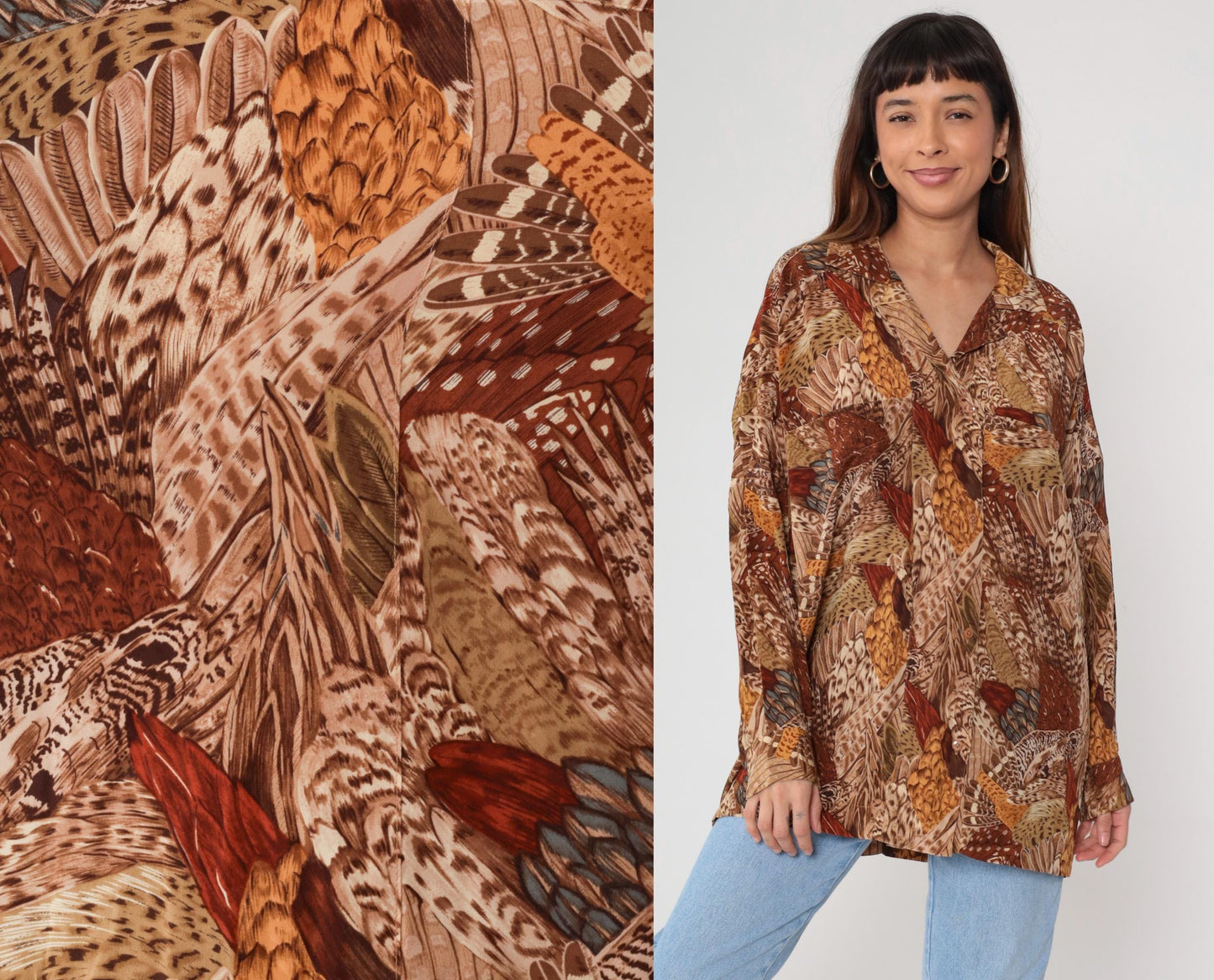 Ellen Tracy Silk Feather Print Blouse Brown Button Front Long Sleeve Large