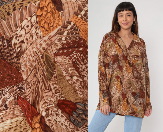 Ellen Tracy Silk Feather Print Blouse Brown Button Front Long Sleeve Large