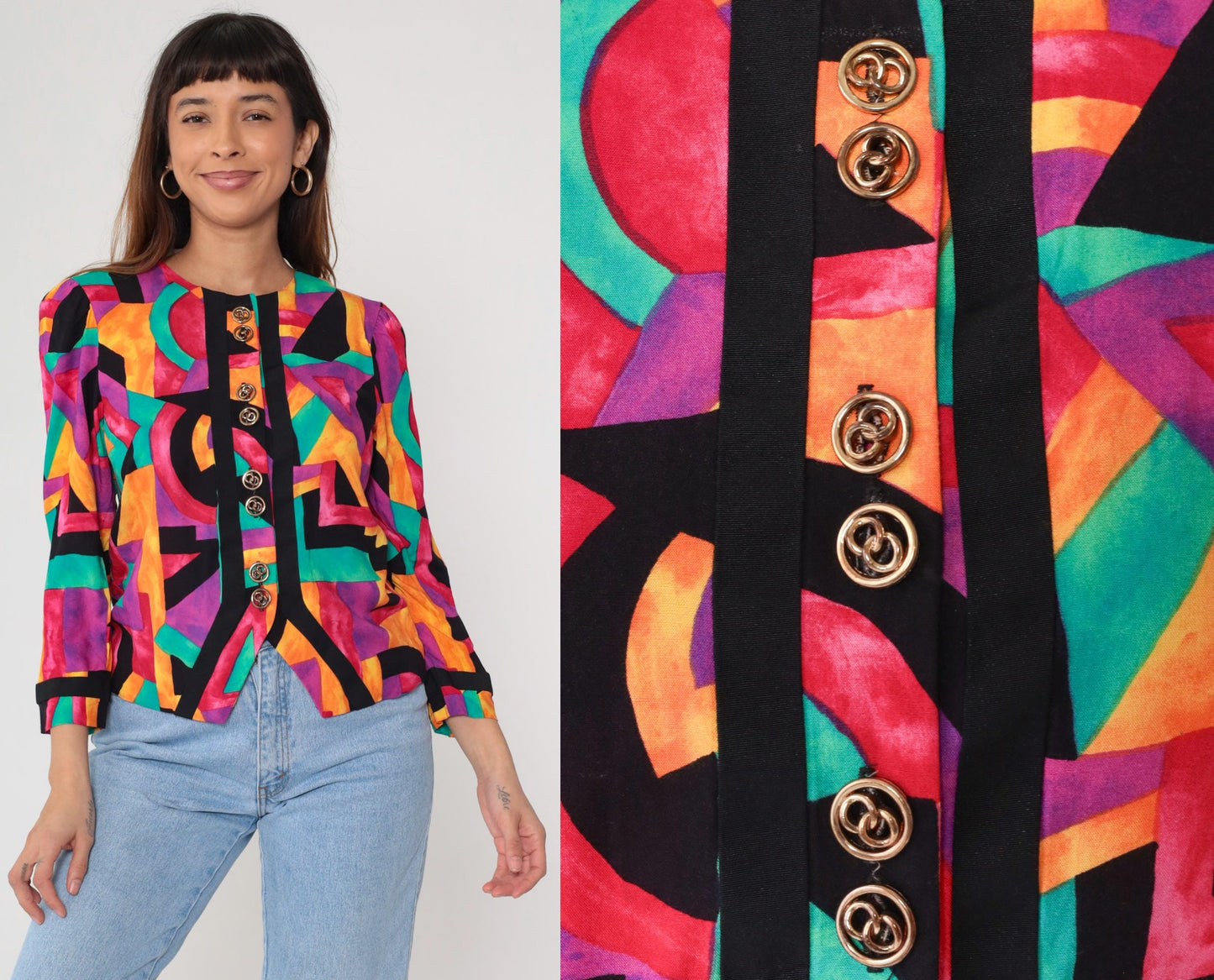 90s Lady Carol Petites Geometric Rayon Blazer Rainbow Abstract Gold Buttons Small