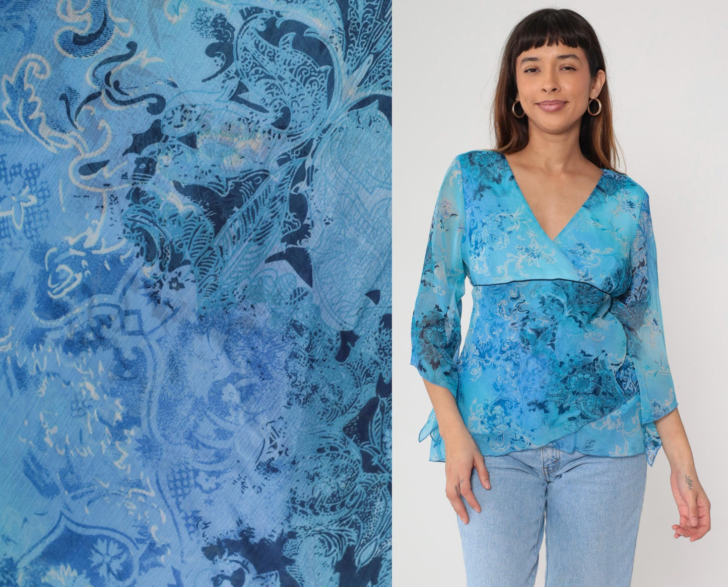 Y2K Dressbarn Wrap Top Blue Paisley Floral V-Neck Three Quarter Sleeve Large L