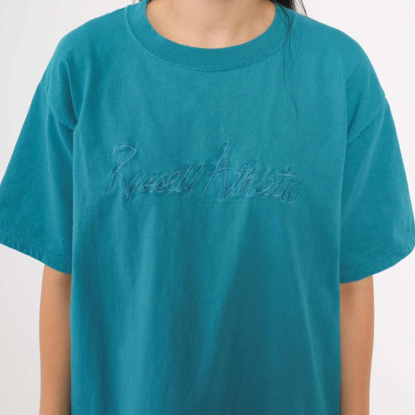 90s Russell Athletic Teal Embroidered Logo T-Shirt Cotton Crew Neck Large L