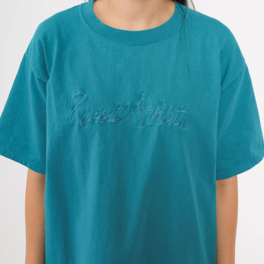 90s Russell Athletic Teal Embroidered Logo T-Shirt Cotton Crew Neck Large L