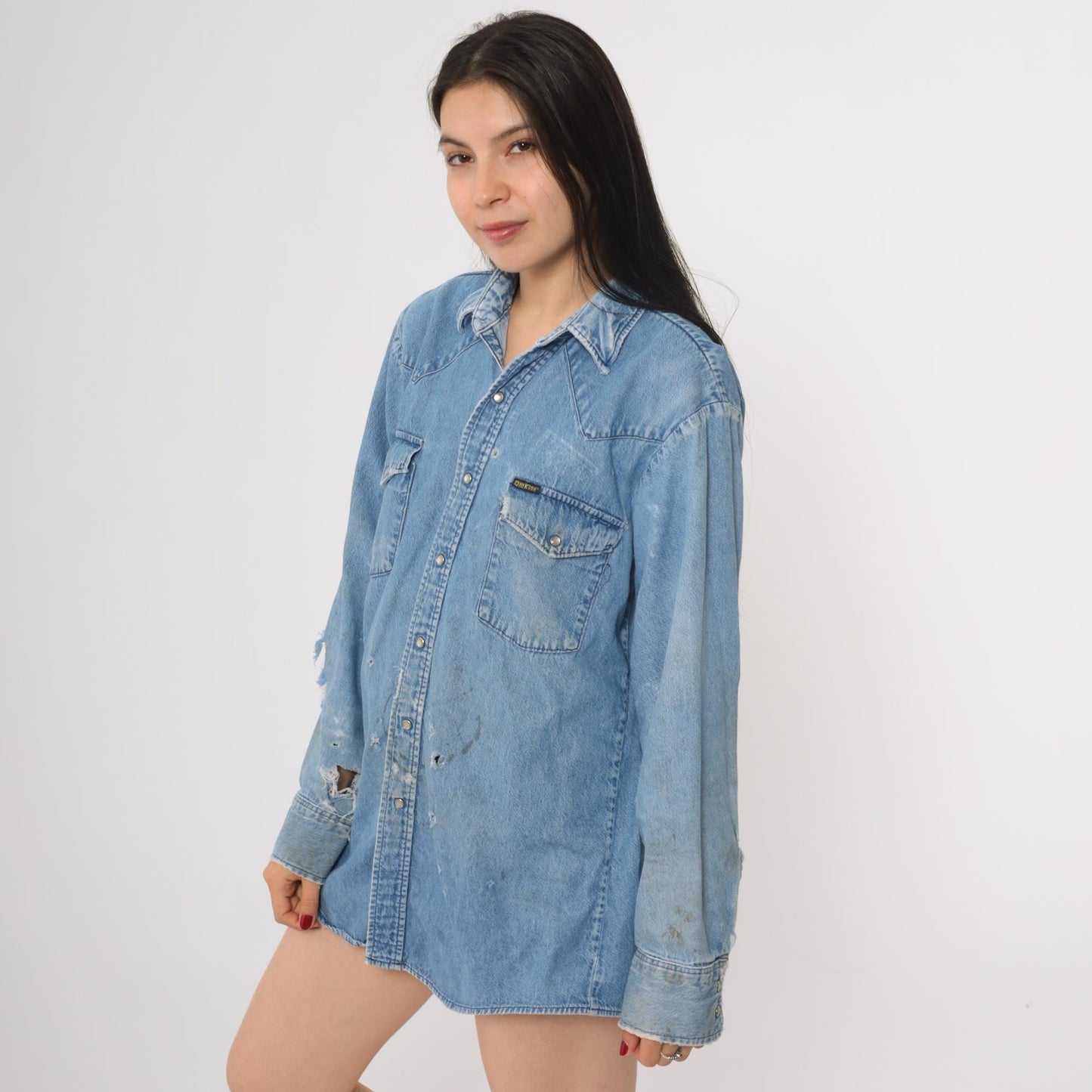 90s Osh Kosh B'Gosh Denim Shirt Distressed Ripped Frayed Blue Medium