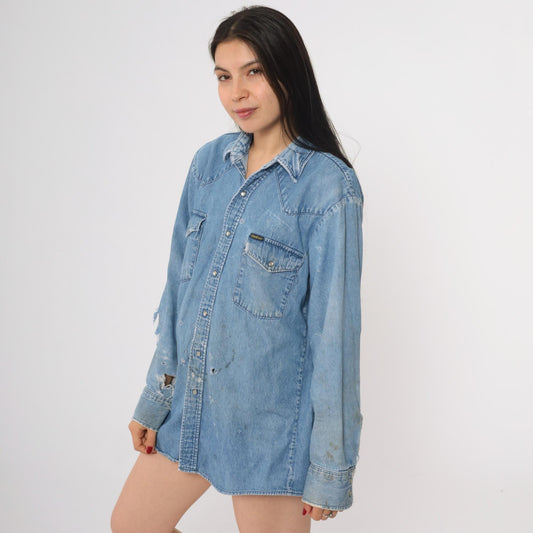90s Osh Kosh B'Gosh Denim Shirt Distressed Ripped Frayed Blue Medium