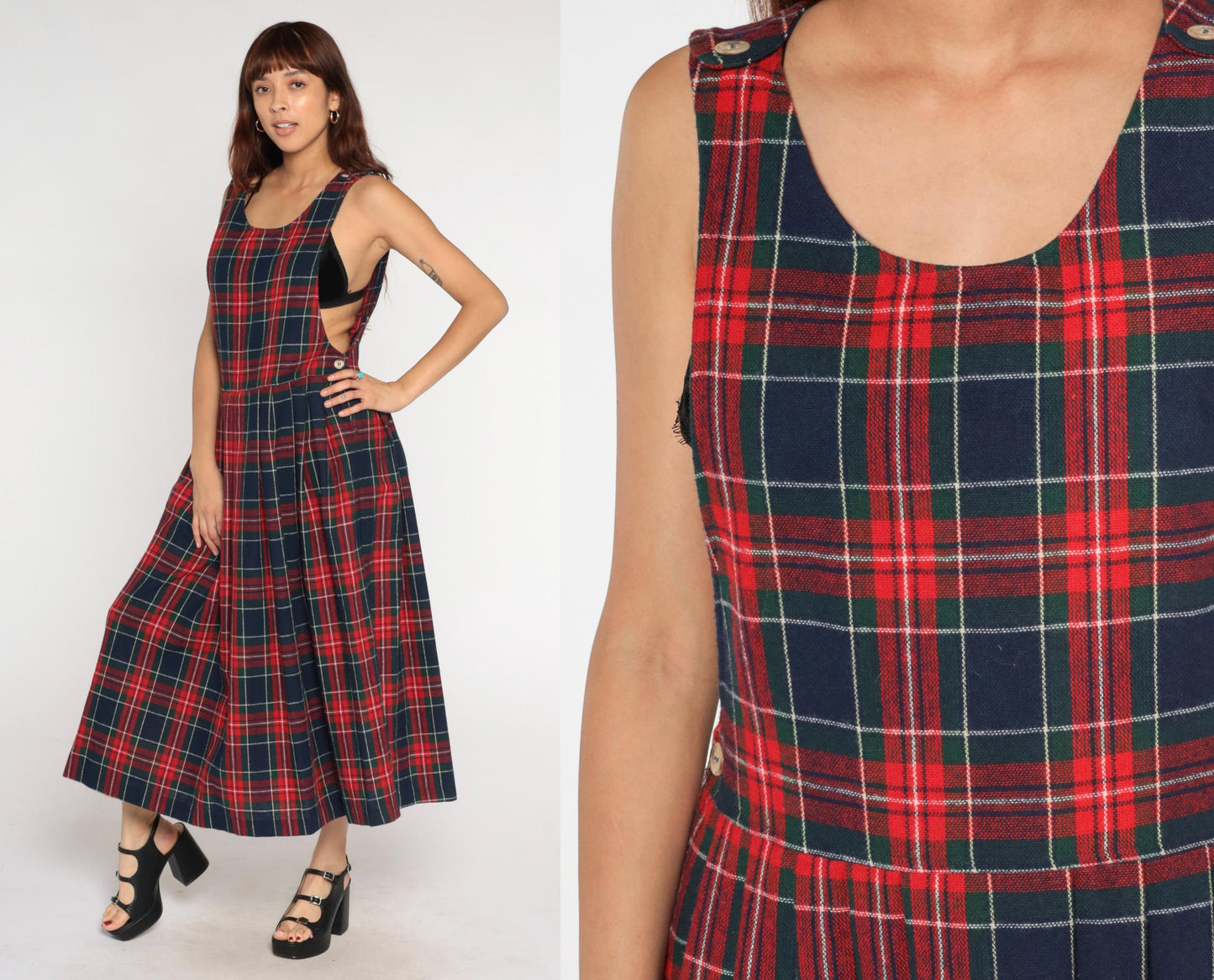 90s Willow Bend Plaid Pinafore Midi Dress Green Red Wool Blend Large