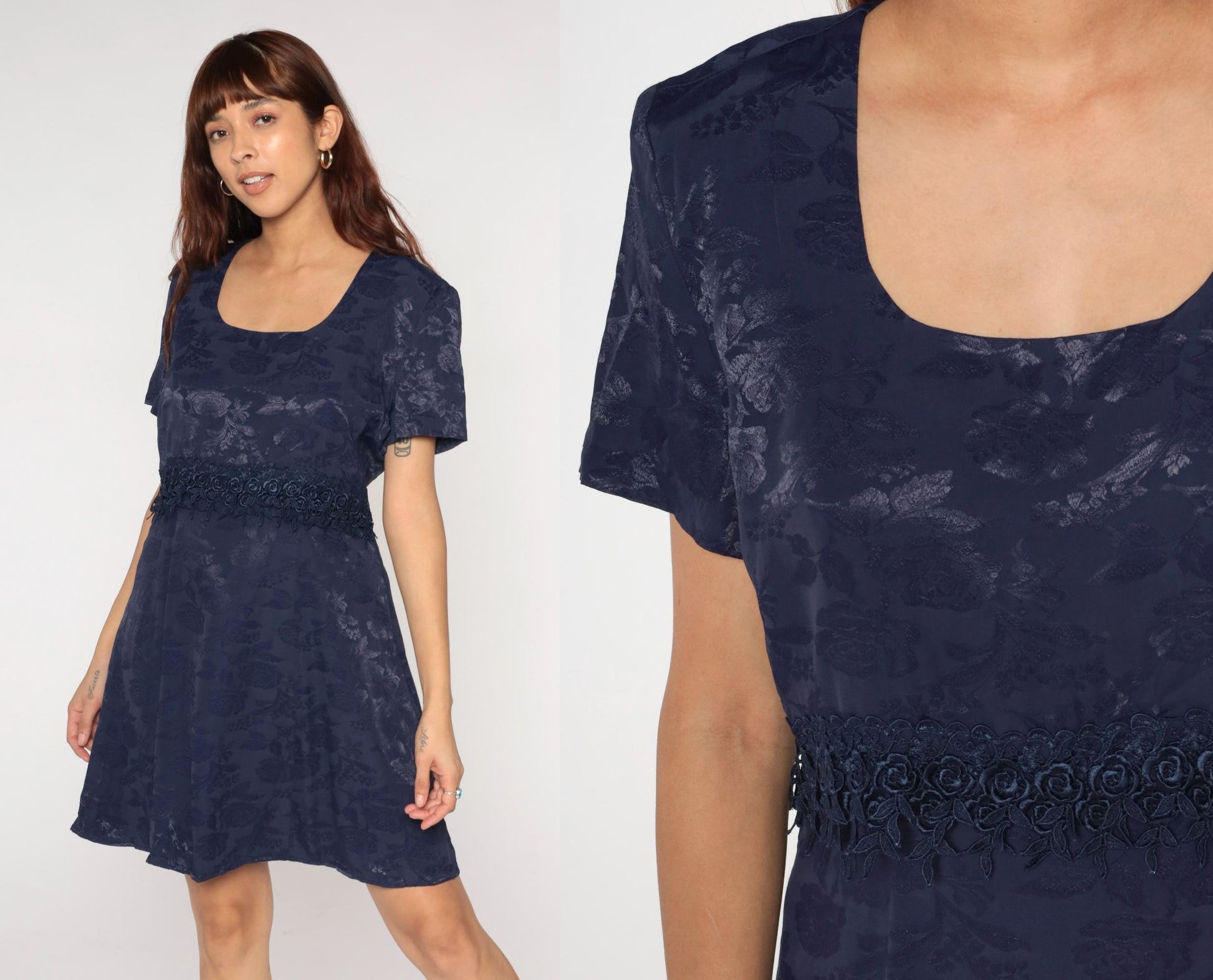 90s Navy Floral Jacquard Dress Short Sleeve Scoop Neck A-Line Lace Trim Large