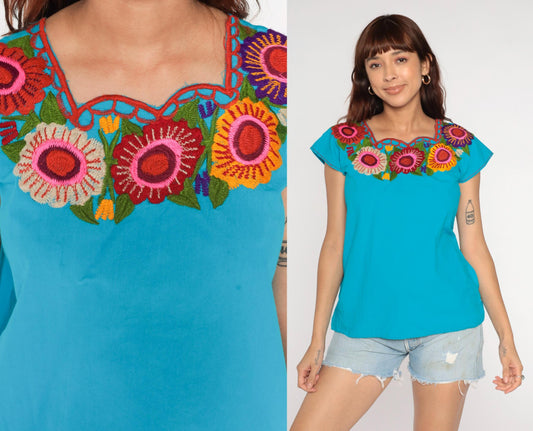 90s Mexican Floral Embroidered Blouse Blue Short Sleeve Small S