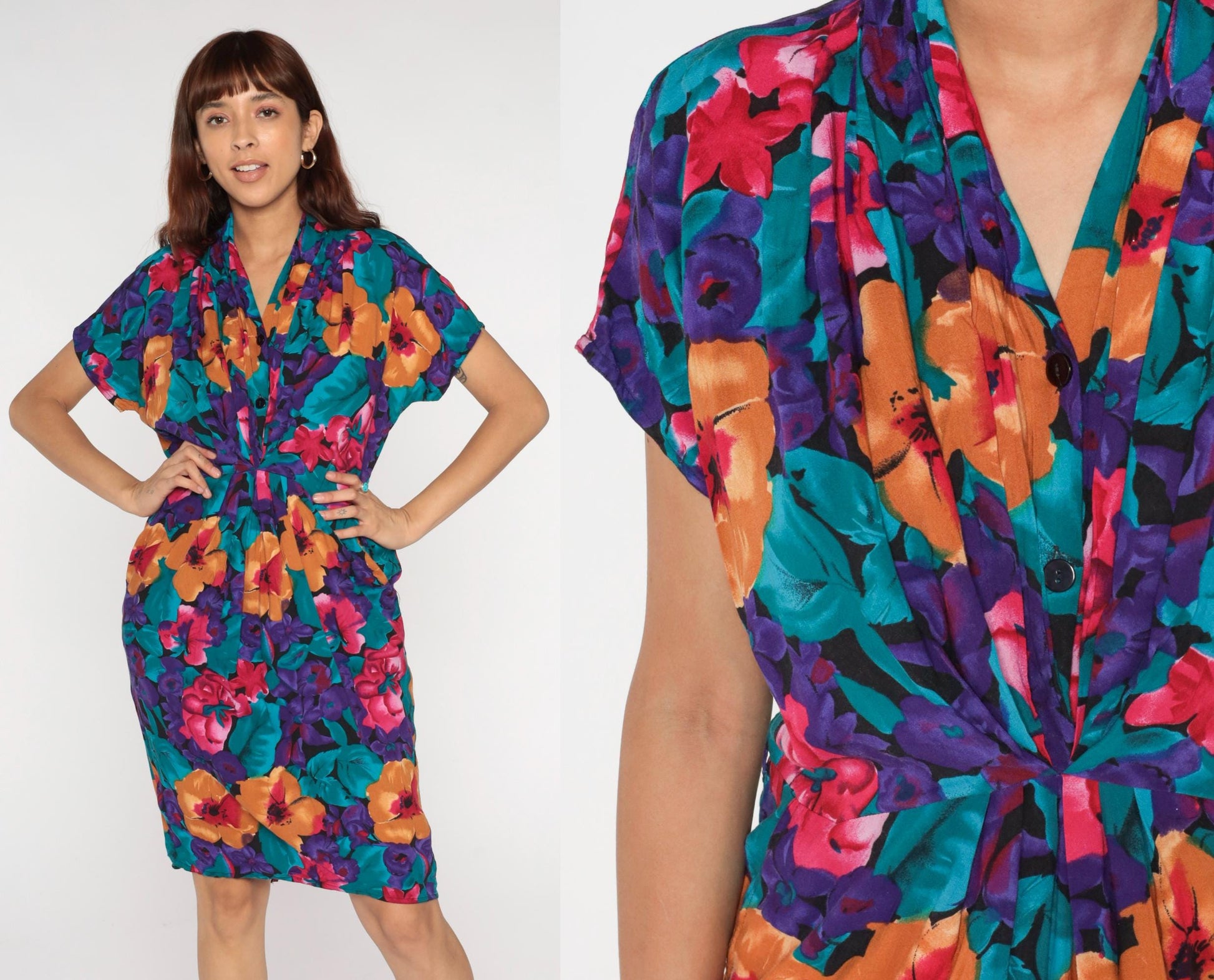 90s Tess Dress Tropical Floral Print V-Neck Tie Waist Dress Medium M