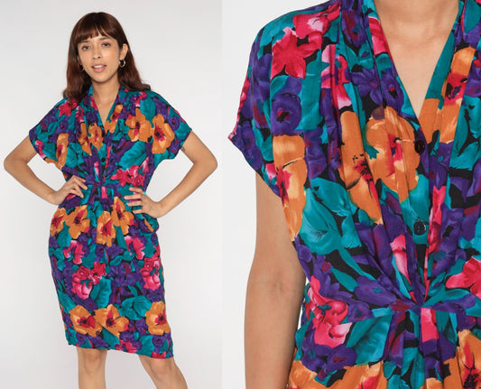 90s Tess Dress Tropical Floral Print V-Neck Tie Waist Dress Medium M
