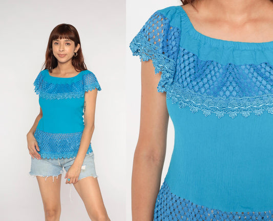 Y2K Turquoise Crochet Lace Off-Shoulder Top Short Sleeve Medium M