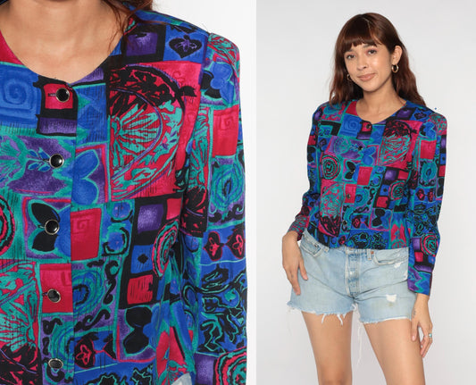 90s Patchwork Button Blouse Abstract Geometric Print Cropped Long Sleeve Medium