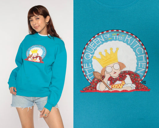 90s Mary Engelbreit Queen of the Kitchen Sweatshirt Teal Granny Collar Medium M