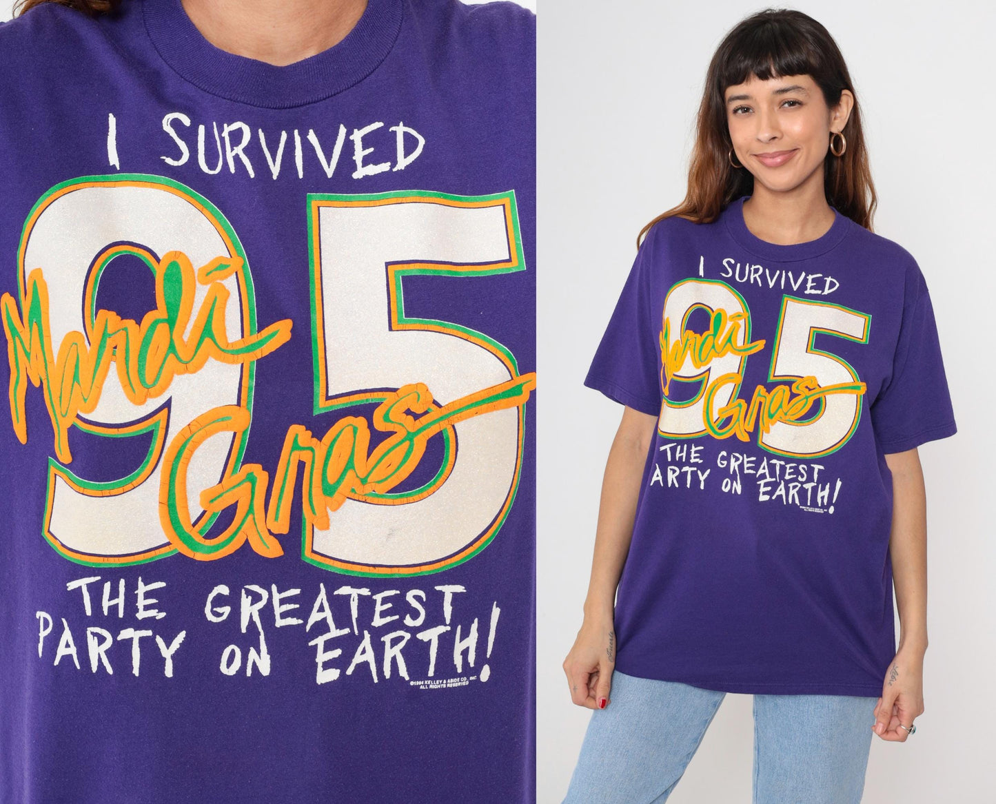 90s Mardi Gras 1995 Novelty Tee Purple Graphic Crewneck Large L
