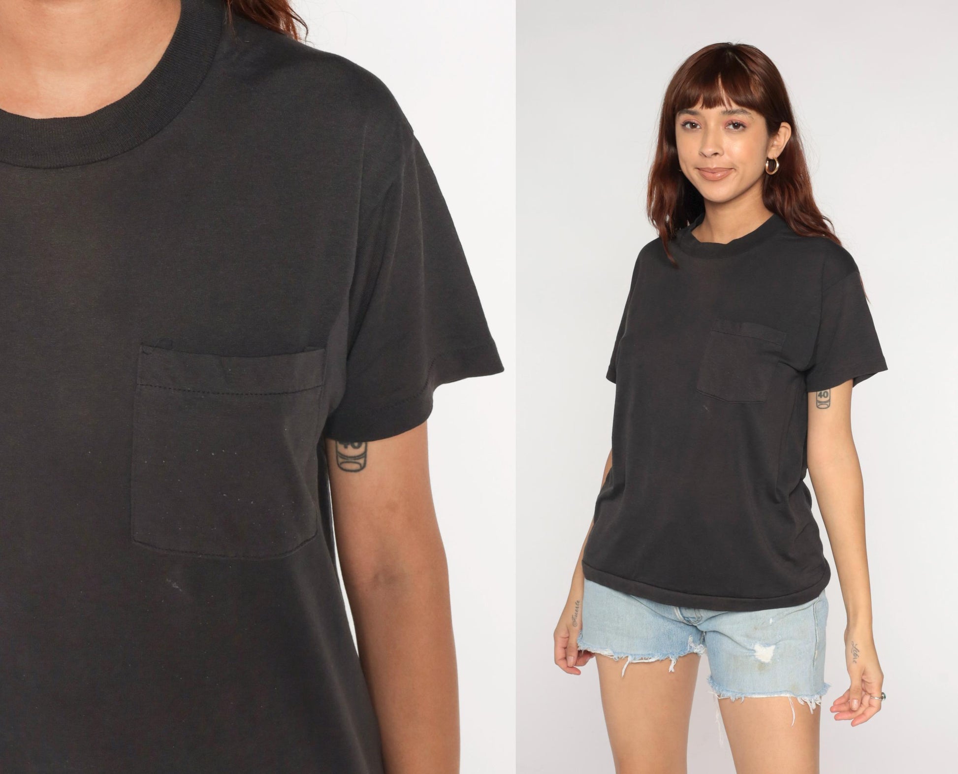 90s Black Pocket T-Shirt Cotton Blend Crewneck Small Medium