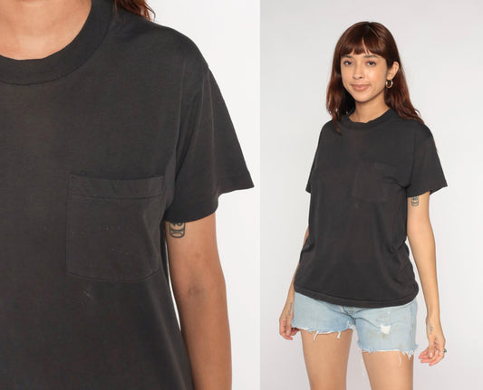 90s Black Pocket T-Shirt Cotton Blend Crewneck Small Medium
