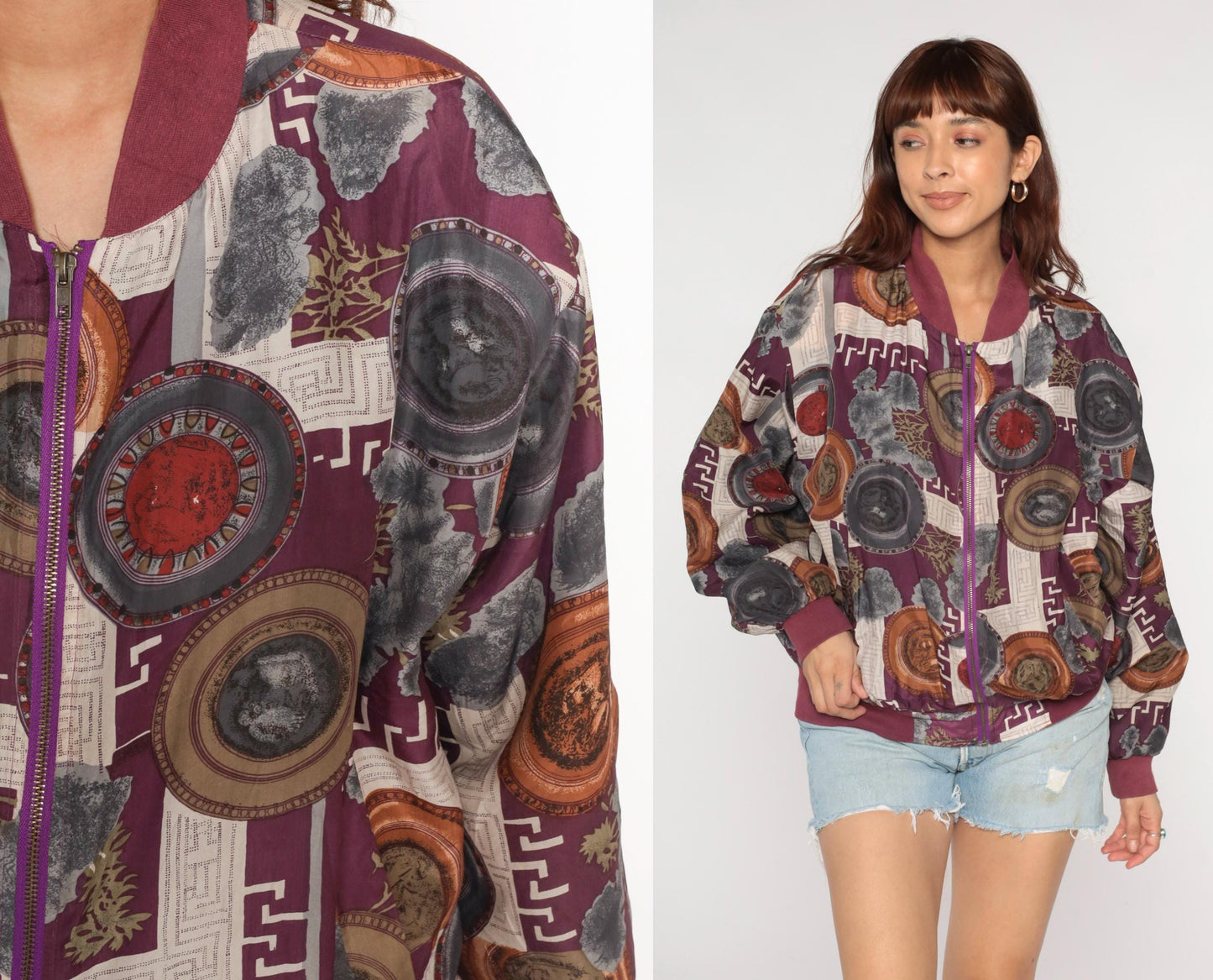 90s Cocoon Silk Windbreaker Jacket Abstract Geometric Print Burgundy Small S