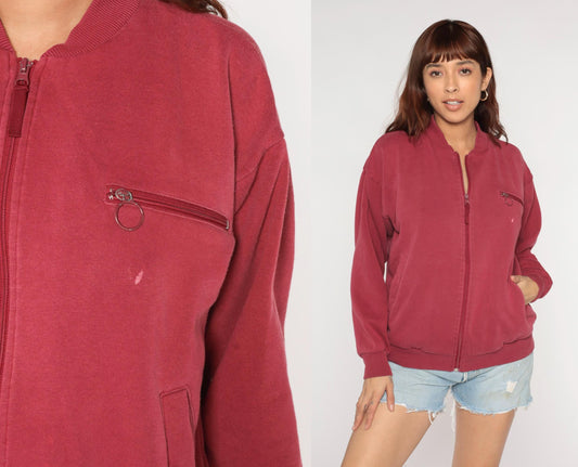 80s Burgundy Track Jacket Wine Red Zip Sweatshirt Ribbed Cuffs Small