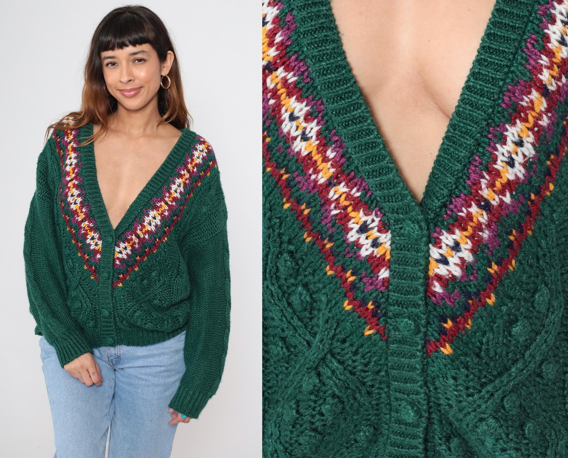 90s Contrasts Cable Knit Cardigan Forest Green Fair Isle V-Neck Medium M