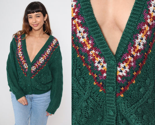 90s Contrasts Cable Knit Cardigan Forest Green Fair Isle V-Neck Medium M