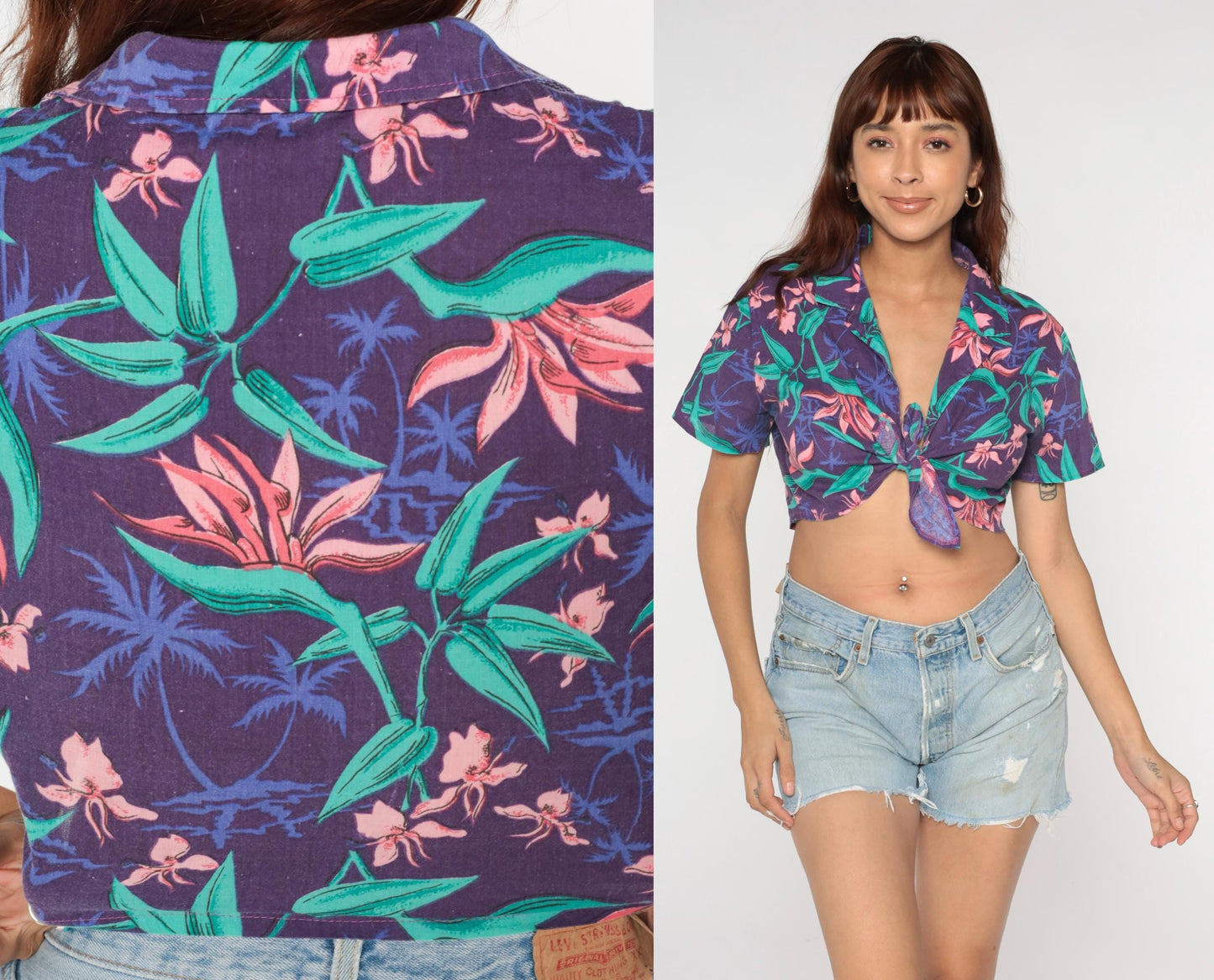 90s Tropical Floral Crop Top Hawaiian Print Tie Front Purple Small