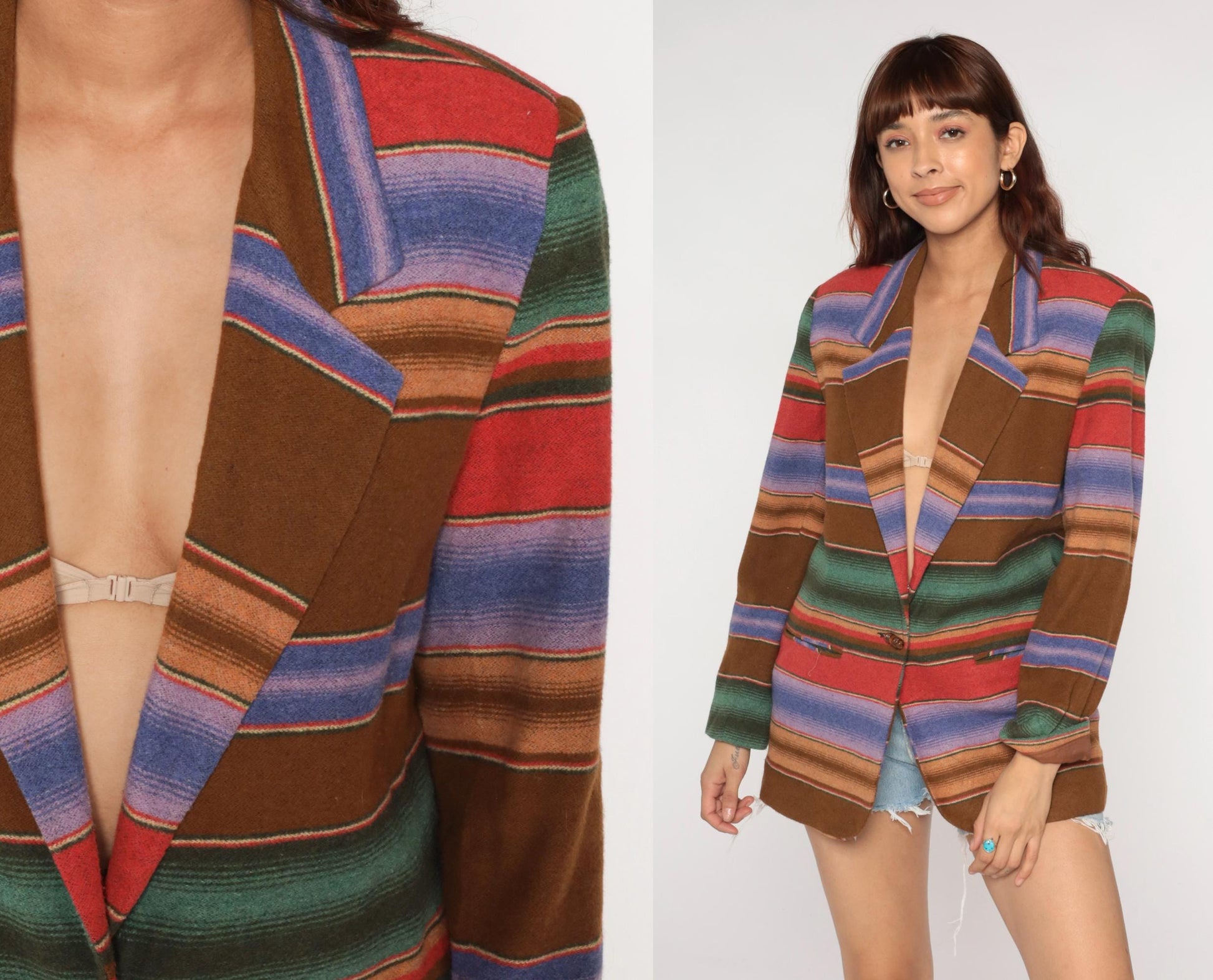 90s Southwestern Stripe Blazer Brown Blue Red Green Single Button Medium