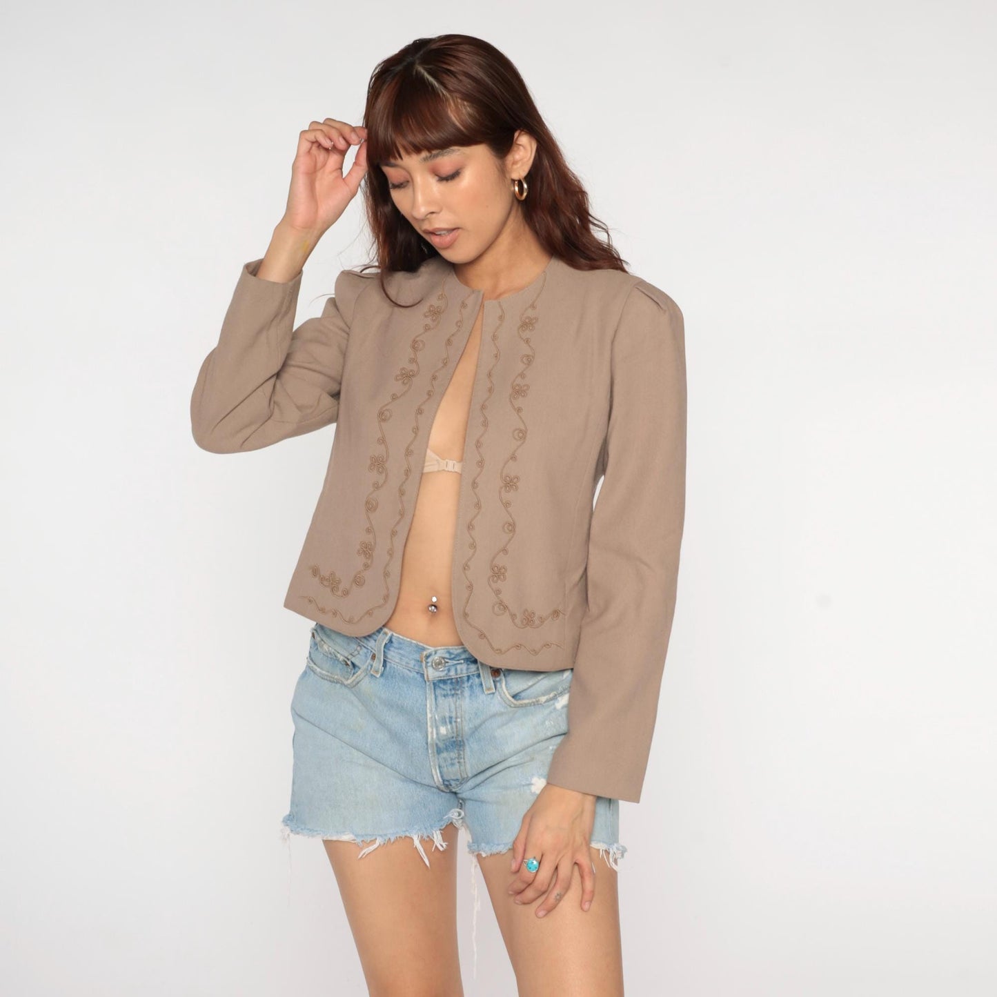 70s Joyce Sportswear Beige Embroidered Cropped Blazer Open Front Small
