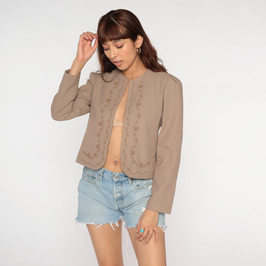 70s Joyce Sportswear Beige Embroidered Cropped Blazer Open Front Small
