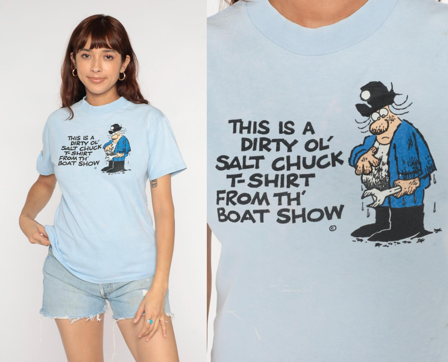 90s Dirty Ol' Salt Chuck Boat Show T-Shirt Light Blue Sailor Graphic Medium