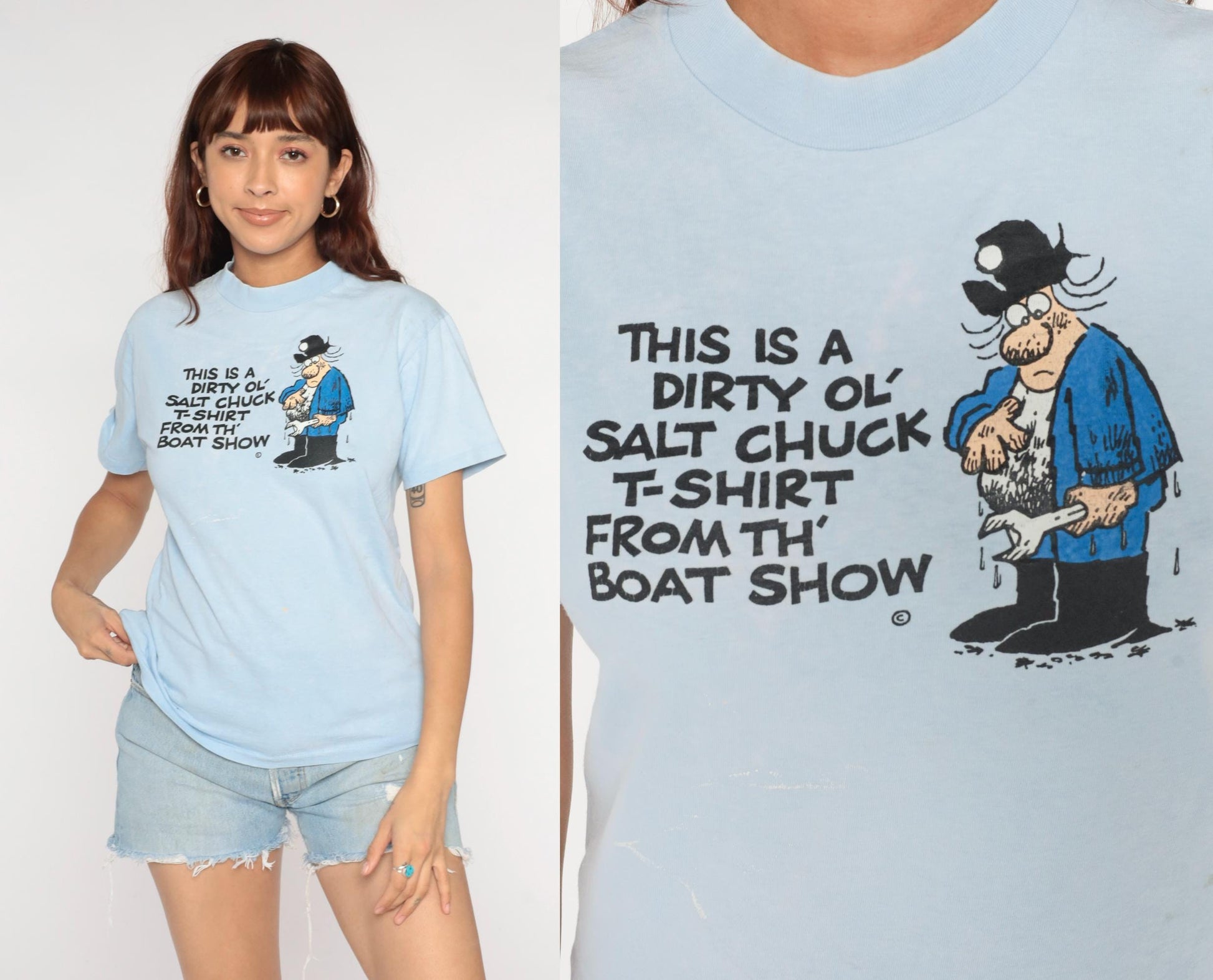 90s Dirty Ol' Salt Chuck Boat Show T-Shirt Light Blue Sailor Graphic Medium